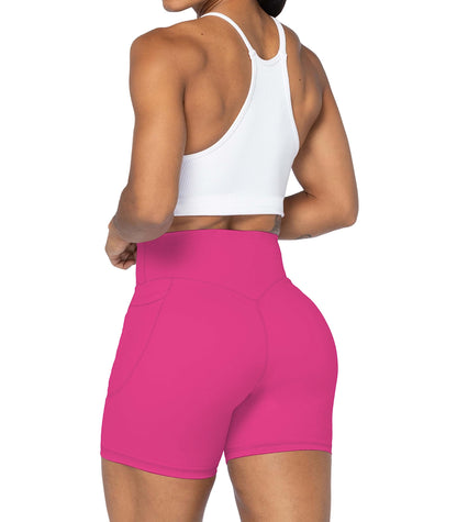 Sunzel No Front Seam Biker Shorts for Women with Pockets, Yoga Workout Gym Bike Shorts with Tummy Control 5" Sonic Pink Medium