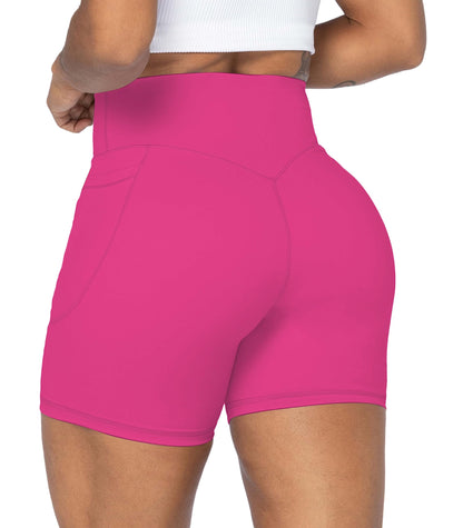 Sunzel No Front Seam Biker Shorts for Women with Pockets, Yoga Workout Gym Bike Shorts with Tummy Control 5" Sonic Pink Medium