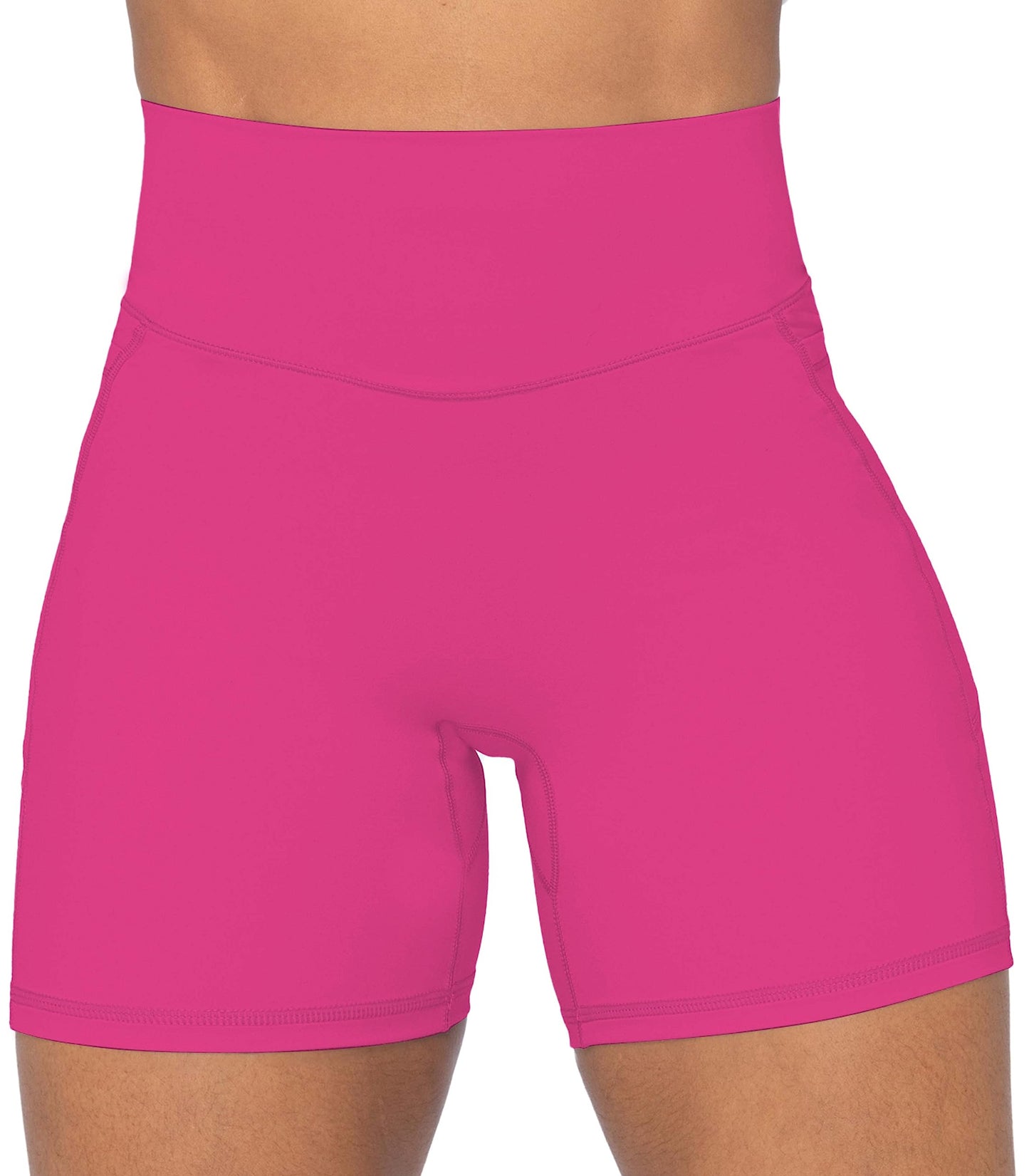 Sunzel No Front Seam Biker Shorts for Women with Pockets, Yoga Workout Gym Bike Shorts with Tummy Control 5" Sonic Pink Medium