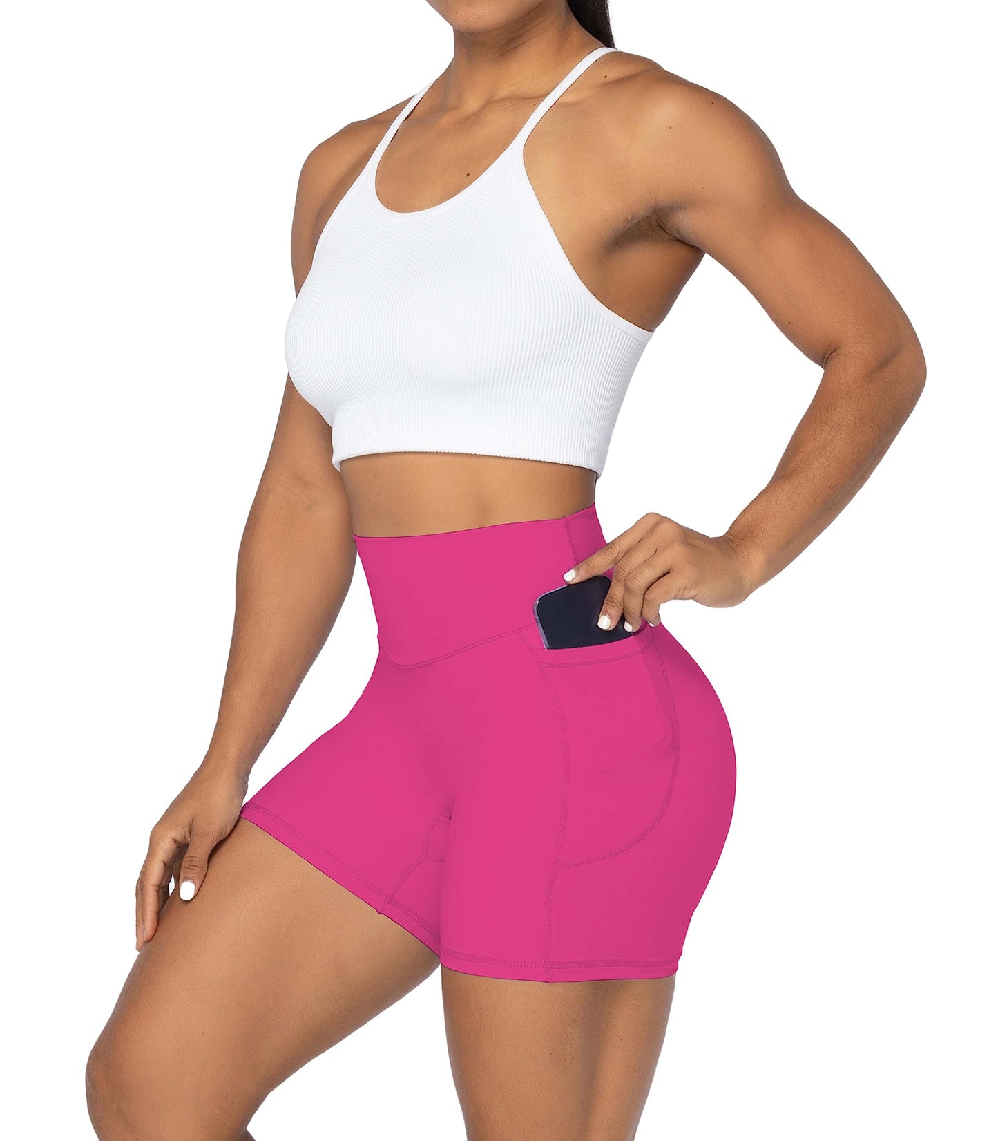 Sunzel No Front Seam Biker Shorts for Women with Pockets, Yoga Workout Gym Bike Shorts with Tummy Control 5" Sonic Pink Medium