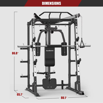 SunHome Smith Machine, 2000LBS Power Cage Squat Rack with Smith Bar, Two LAT Pull-Down Systems, Cable Crossover Machine and and More Cable Attachment for Home Gym