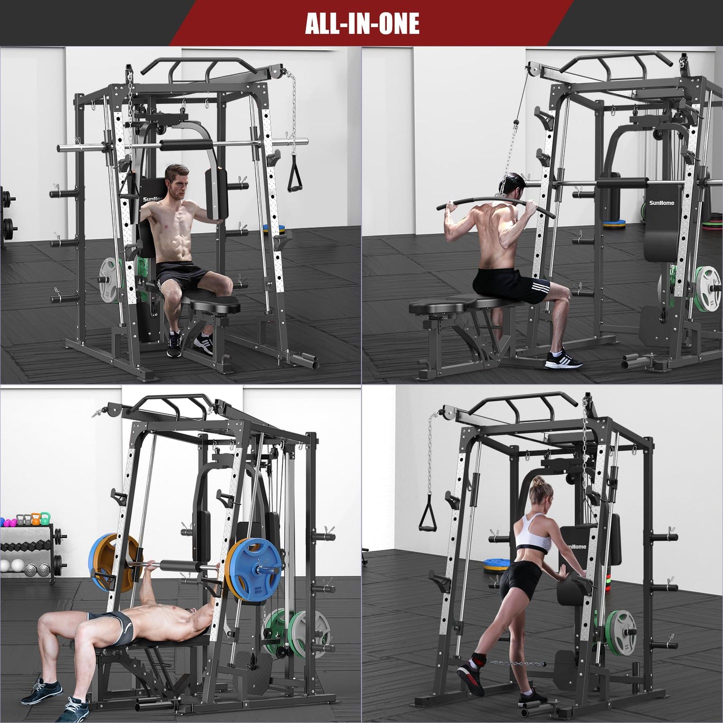 SunHome Smith Machine, 2000LBS Power Cage Squat Rack with Smith Bar, Two LAT Pull-Down Systems, Cable Crossover Machine and and More Cable Attachment for Home Gym